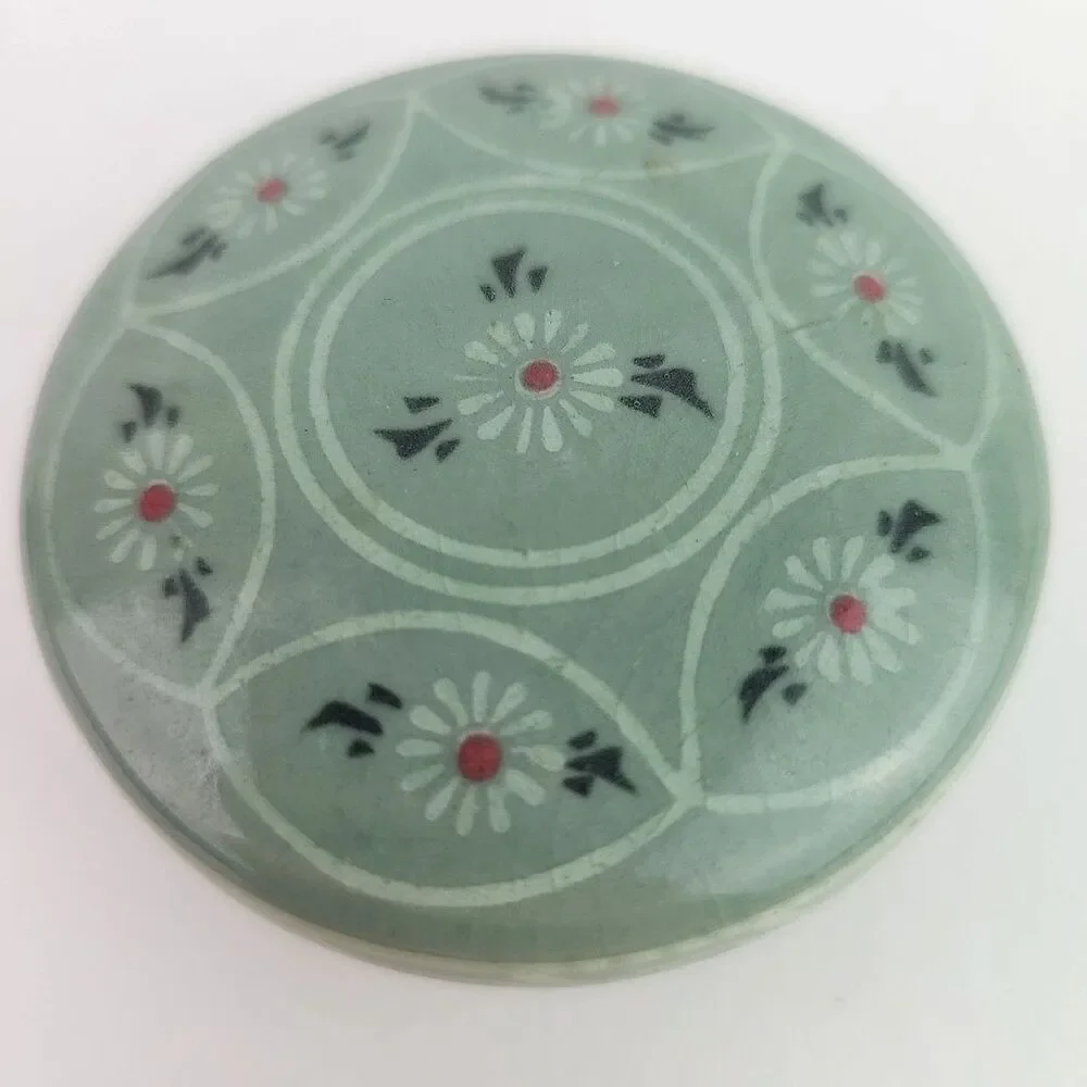 Vintage Korean Celadon Green Ceramic Floral Ring Lidded Round Trinket Box 3 inch